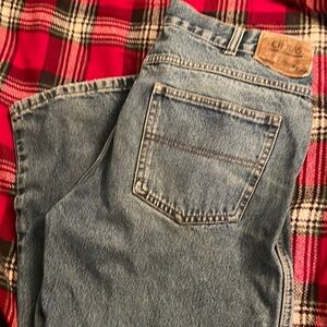 Cintas work jeans. Distressed with stain.